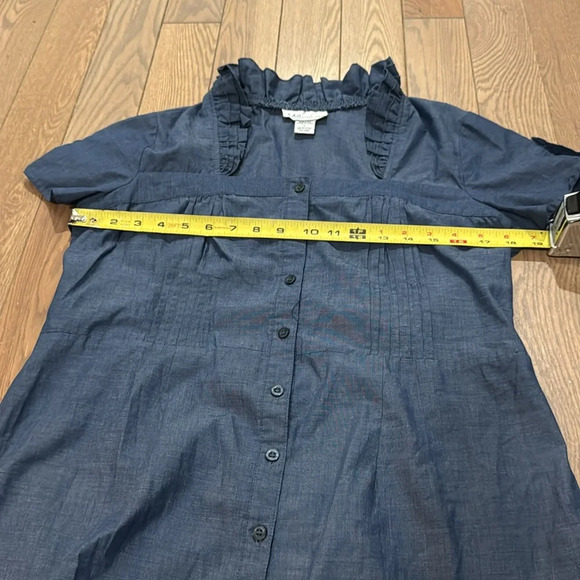 Millennium Dress Blue Empire Neck Ruffled Button Down Sz Large Short Sleeve Mini - Picture 5 of 6